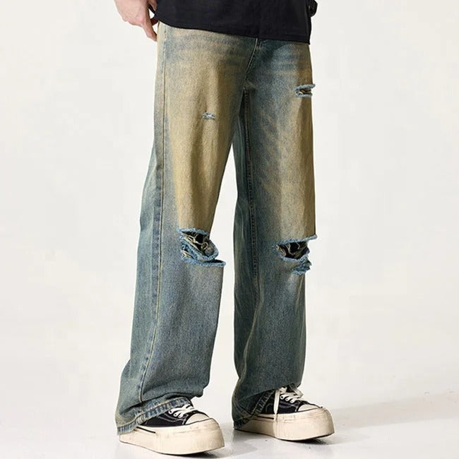 Distressed Blue Wash Wide-Leg Jeans