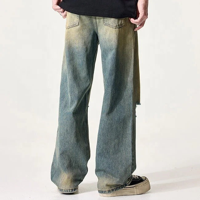 Distressed Blue Wash Wide-Leg Jeans